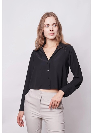 Kadın Likrasız Şık Kumaş Yakalı Uzun Kol Kısa Gömlek-siyah Siyah