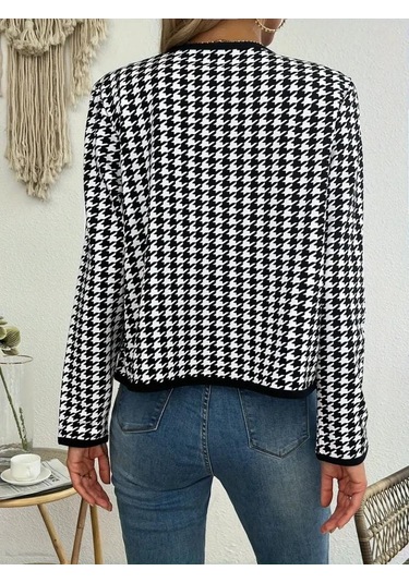 Kadın Uzun Kollu Kaz Ayağı Desenli Şardonlu Dalgıç Ceket DESENLİ