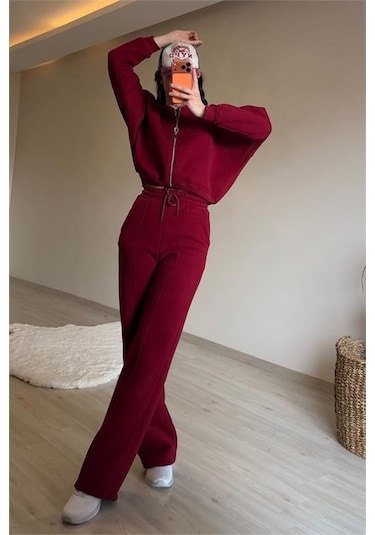 Neşeli Butik Kadın Oversize 3 İplik Cepli Eşofman Takımı Nm029 Bordo