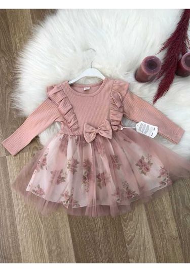 Kız Çocuk Gül Kurusu Çiçekli Tütülü Doğum Günü Hediye Özel Gün Abiye Günlük Prenses Şık Elbise Pembe