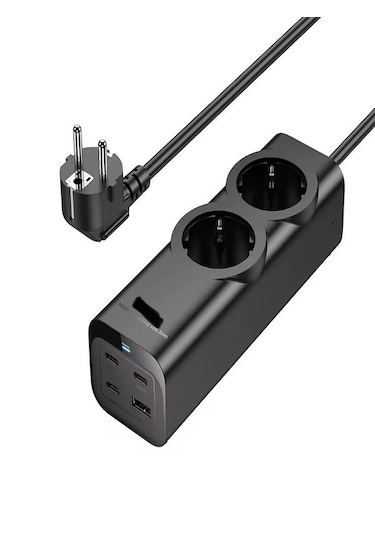 67w Gan Hızlı Şarjlı Kablolu Priz 3x Type-c + 1x Usb + 2'li Priz 1.5m Uzatma Kablosu Siyah 1,5 m