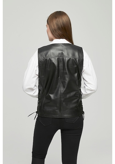 Hakiki Deri Yandan Ayarlanabilir Bağcıklı Yelek Siyah Renk Siyah