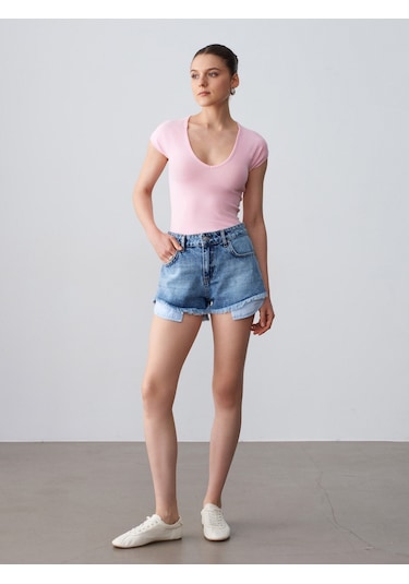 Dilvin 32894 V Yaka Fit T-shirt-toz Pembe