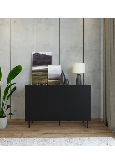 Demir Ayaklı %100 Mdf Şık Ve Çok Amaçlı 3 Kapaklı Siyah Konsol