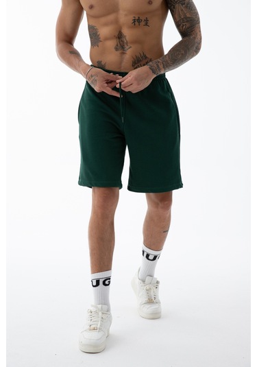 Erkek Koyu Yeşil Yüksek Kalite Relax-fit Rahat Kesim %100 Pamuk Bağcıklı Siyah Düz Basic Şort Zümrüt Yeşili