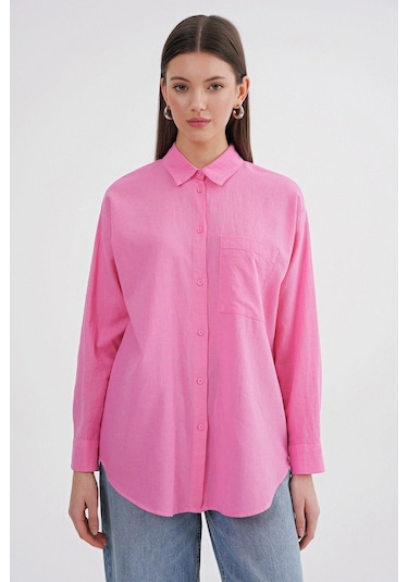 Mixray 4670 Kadın Cepli Oversize Basic Keten Gömlek Pembe