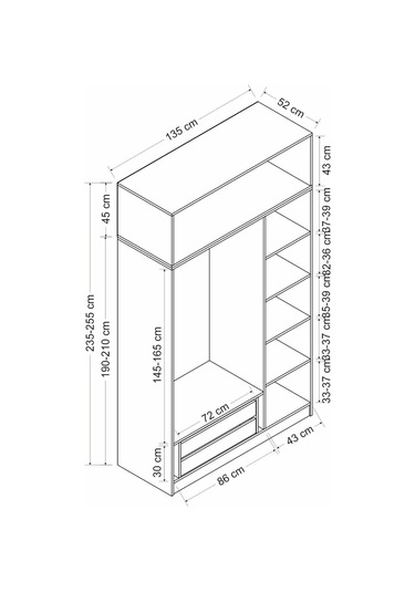 Minar Kale 3 Mebran Kapaklı 2 İç Çekmeceli Dolap Ve Yüklük Beyaz 235cm Beyaz