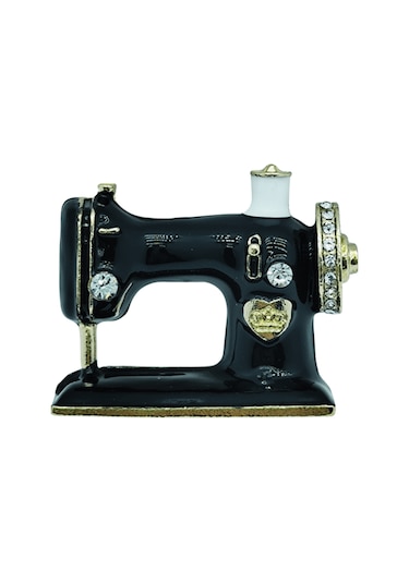 Vintage Dikiş Makinesi Figürlü Siyah Tasarım Broş Siyah