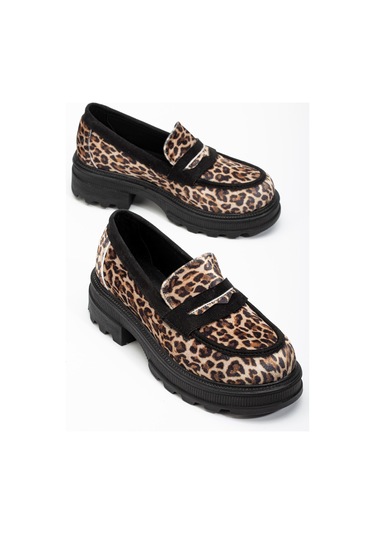 746-759 Leopar Günlük Yüksek Tabanlı Loafer Ayakkabı Taba