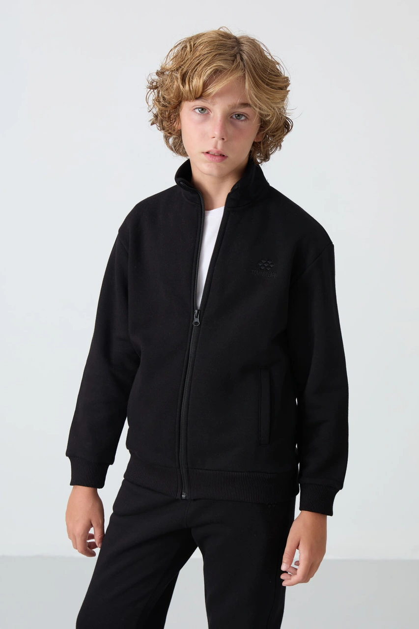 Siyah Pamuklu Kalın İçi Tüylü Yumuşak Dokulu Standart Fit Nakışlı Erkek Çocuk Eşofman Takım - 11256 Siyah