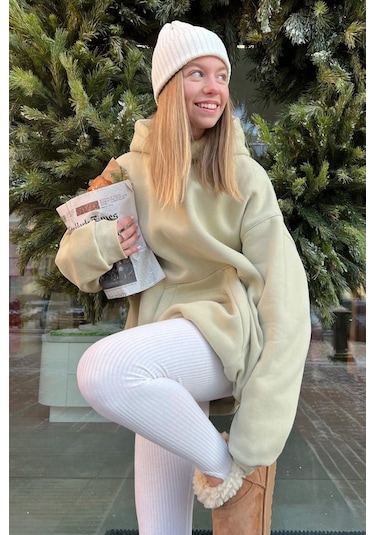 Madmext Bej Kapüşonlu Şardonlu Oversize Sweatshirt Mg1566 Bej