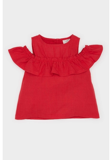 DeFacto Kız Bebek Bisiklet Yaka Flamlı Poplin Kısa Kollu Bluz E2849A525SMRD54 Kırmızı
