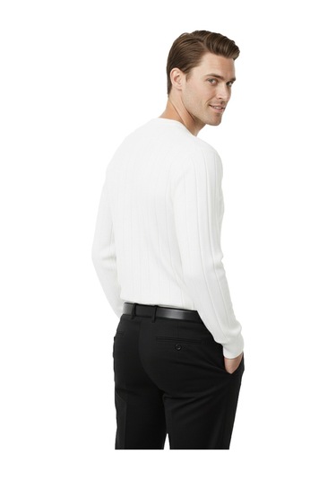 Deepsea Beyaz Dar Kesim Likralı Erkek Triko Kazak Bisiklet Yaka Şık Tasarım 2605433 Beyaz