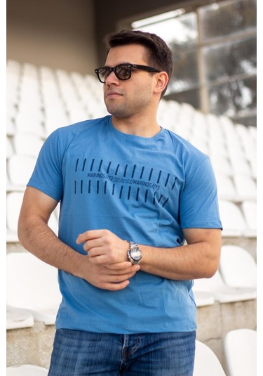 Erkek İndigo Çizgi Baskılı Normal Kesim Bisiklet Yaka Erkek Tişört 22etshmros 001