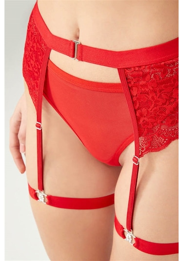 Kırmızı Dantelli Taş Detaylı Kadın Jartiyer Kırmızı