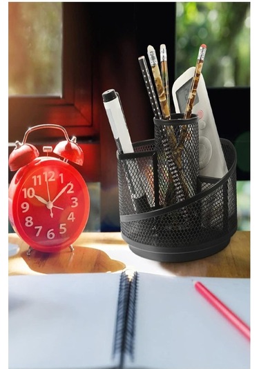 Döner Metal Masaüstü Düzenleyici 1 Adet Organizer Kalemlik Siyah Renk Hareketli 360 Derece Döner Kalemlik Fileli Siyah