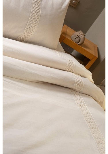 Vivamaison Ham Keten Dantelli Çift Kişilik Nevresim Yastık Seti Lacivert