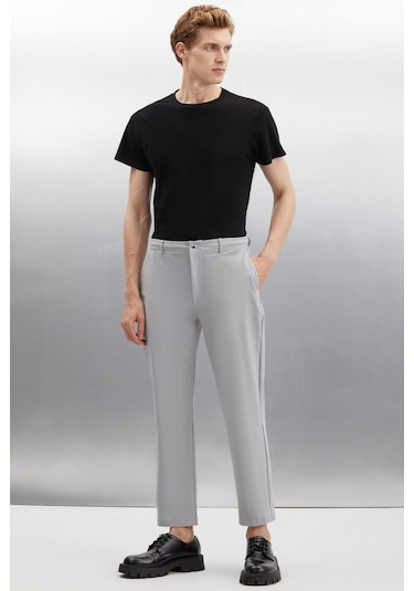 GRIMELANGE Vassel Erkek 360 Derece Esneyen Teknik Kumaşlı Fermuarlı Kordonlu Boru Paça Gri Pantolon Gri