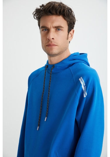 Malagos Erkek Içi Polarlı Yumuşacık 3 Iplik Içi Şardonlu Regular Kapüşonlu Mavi Sweatshirt