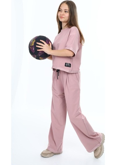 Kız Çocuk %100 Pamuk Oversize Yarım Kol Alt-üst Eşofman Takım-eşt-0012 Pudra