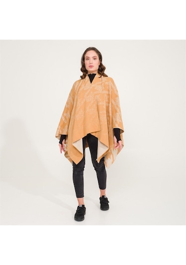 Kaz Ayağı Desen Çift Taraflı Triko Kadın Şal Panço-Safran-140X140 Safran