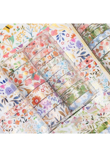 Springsun 18 Rulo Altın Varaklı Çiçekli Washi Bant Seti Dıy, Scrapbook & Hediye Paketi İçin Botanik Desenler