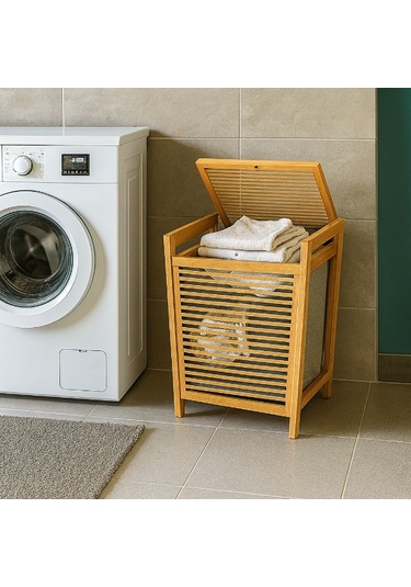 Orta Boy Ahşap Bambu Kirli Sepeti 40x35x60 Diğer