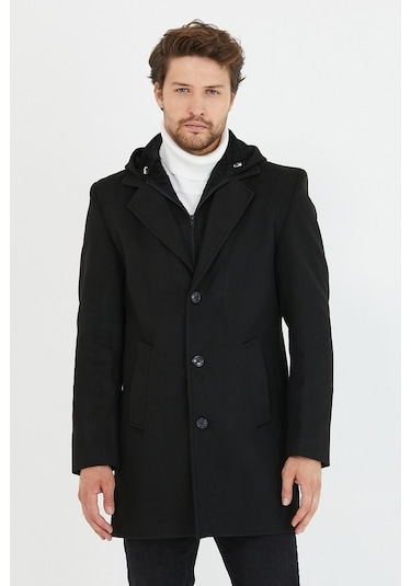 Erkek Siyah Yün Karışımlı Kaşe Kapüşonlu Önü Fermuarlı Kaban-Siyah