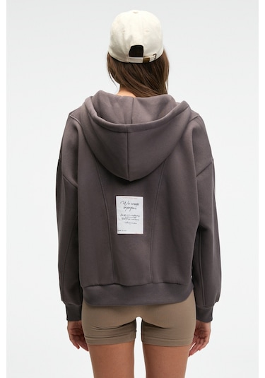 VYSELLE Kadın Önü Kesikli Metal Fermuarlı Kapüşonlu Etiket Detaylı Oversize Antrasit Sweatshirt
