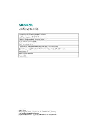 Siemens HB214FBS1T 66 LT Ankastre Fırın