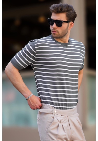 Madmext Füme Bisiklet Yaka Çizgili Kısa Kollu Erkek Tişört 6884-füme Füme