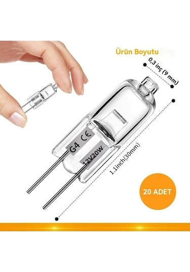 Diğer 20 Adet G4 Halojen Ampul, 20w 12v, Şeffaf Kapsül, Sıcak Beyaz Ev Aydınlatma