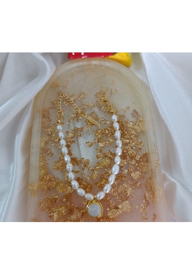 Sedef Dolgulu Altın Kaplama Gerçek İnci Tasarım Kolye El Yapımı Çok Renkli