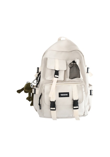 White Çoklu Cep Sırt Çantası Erkekler Kanvas Ekleme Toka Beyaz