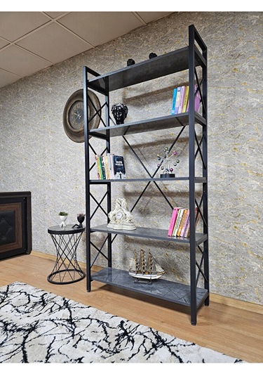 Siyah Boyalı Kitaplık - 5 Raflı Suntalem Lüks Kitaplık Aris Gri Çok Renkli