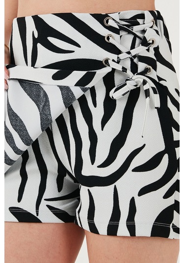 Lela Desenli Slim Fit Yüksek Bel Bağlama Detaylı Bayan Şort Etek 5865358 Siyah