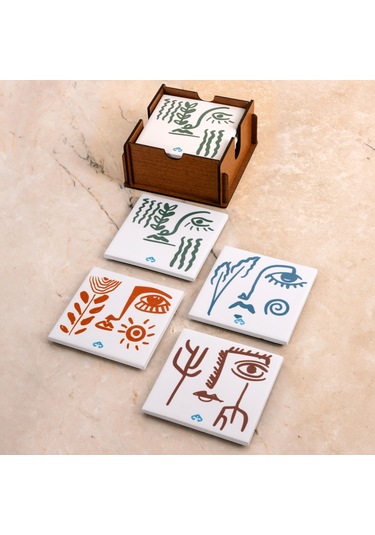 Element Kadınlar Seramik Ahşap Kutulu 4'lü Bardak Altlığı