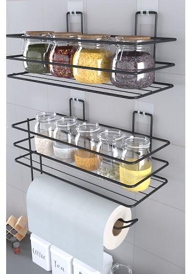 Eva Metal Tasarim Yapışkanlı Baharatlık 2 Li Metal Kağıt Havluluk Siyah Baharat Standı Mutfak Rafı Siyah