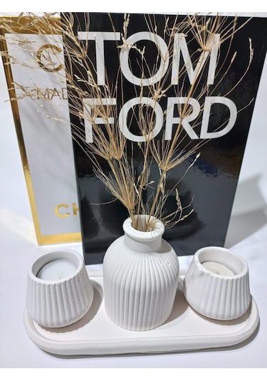 Küp Vazolu Tabaklı Tealight Mumluk Set Beyaz