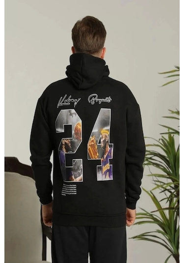 Erkek Baskılı Oversize Üç İplik Kapüşonlu Sweatshirt - Siyah Siyah