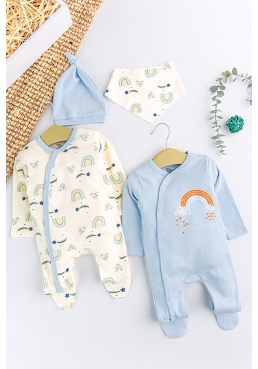 Gökkuşağı Temalı 2'li Uzun Kollu Kız/erkek Bebek Tulum Takım mavi