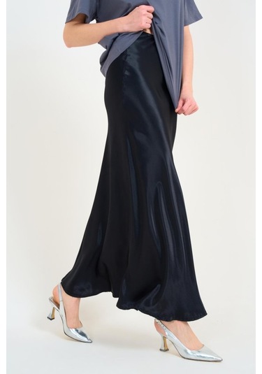Düz Uzun Saten Etek - Siyah Siyah