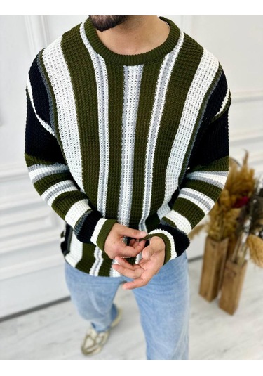 Kazak Oversize Renkli Örgü Desenli Naturel Pamuk Bol Kesim Salaş Triko Kazak Siyah