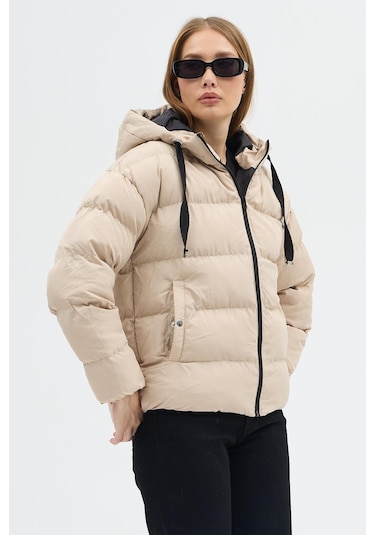 Çift Cepli Fermuarlı Su İtici Kumaş Normal Kesim Dolumlu Şişme Kadın Krem Mont Tbmnt005 Krem