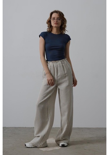 Çizgili Pamuklu Lastikli Pantolon - Bej-lacivert Bej - Lacivert