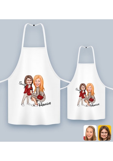 Bk Gift Kişiye Özel İkili Anne Kız Karikatürlü Mutfak Önlüğü Seti-4, Anneye , Anneler Günü leri
