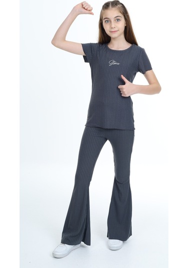 Toontoy Kız Çocuk Storie Nakışlı Eşofman Takım Füme