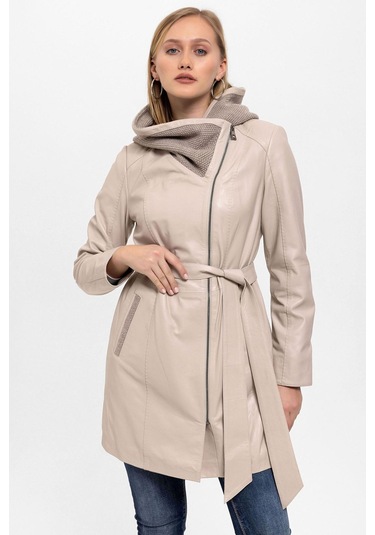 Bej Julia Triko Kapüonlu Kemerli Hakiki Kadın Deri Kaban-bej Bej