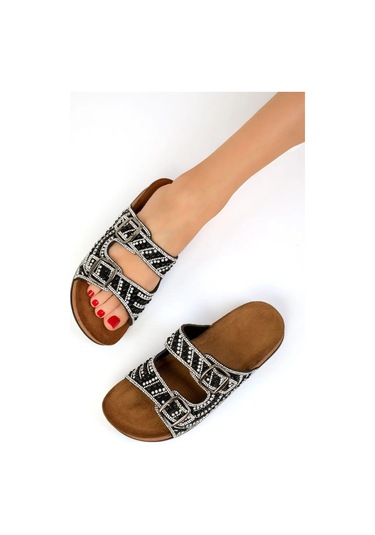 Yazlık Kadın Ortopedik Taşlı Havuz Günlük Çift Tokalı Terlik Siyah