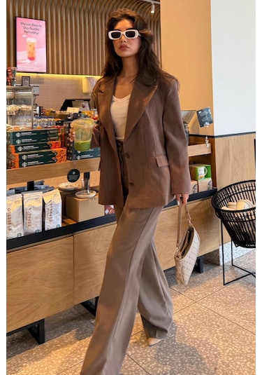 Kahverengi Keten Blazer Kadın Ceket Mg2443 Kahverengi